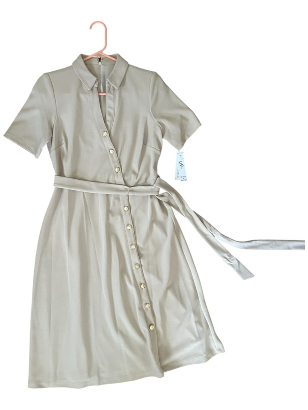 Shelby & Palmer New Taupe Midi Shirt Dress With Tie